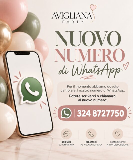 📲 COMUNICAZIONE IMPORTANTE
Per il momento abbiamo dovuto cambiare il nostro numero WhatsApp.
Da oggi, per informazioni, richieste, appuntamenti e comunicazioni relative ai vostri eventi, potete scriverci o chiamarci al nuovo numero:
📞 324 872 7750
Vi chiediamo di salvarlo in rubrica per continuare a contattarci senza problemi.
Il nostro servizio e la nostra attenzione alla progettazione dei vostri allestimenti rimangono gli stessi. Cambia solo il numero. 🤍
Avigliana Party
📍 Corso Laghi 213 – Avigliana
Riceviamo su appuntamento.
#AviglianaParty #Avigliana #BalloonDesigner #EventDesign #AllestimentiEventi BalloonArt EventPlannerTorino