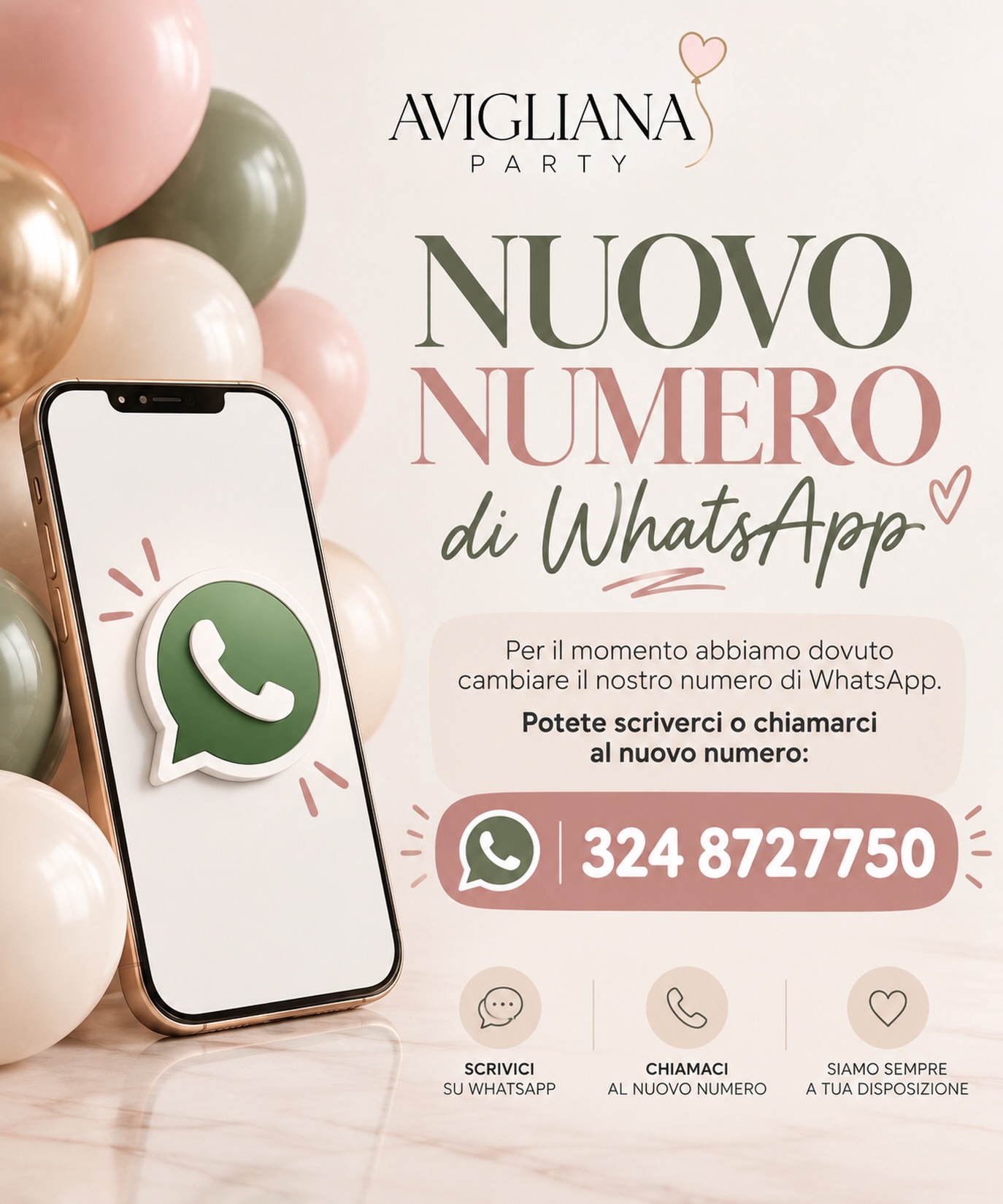📲 COMUNICAZIONE IMPORTANTE

Per il momento abbiamo dovuto cambiare il nostro numero WhatsApp.

Da oggi, per informazioni, richieste, appuntamenti e comunicazioni relative ai vostri eventi, potete scriverci o chiamarci al nuovo numero:

📞 324 872 7750

Vi chiediamo di salvarlo in rubrica per continuare a contattarci senza problemi.

Il nostro servizio e la nostra attenzione alla progettazione dei vostri allestimenti rimangono gli stessi. Cambia solo il numero. 🤍

Avigliana Party
📍 Corso Laghi 213 – Avigliana
Riceviamo su appuntamento.

#AviglianaParty #Avigliana #BalloonDesigner #EventDesign #AllestimentiEventi BalloonArt EventPlannerTorino